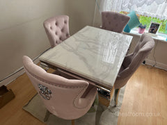 White Louis Dining Table With Pink Megan Chairs