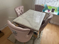 White Louis Dining Table With Pink Megan Chairs