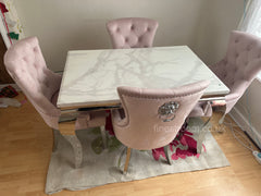 White Louis Dining Table With Pink Megan Chairs