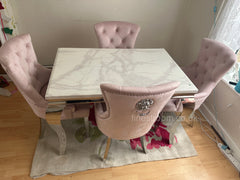 White Louis Dining Table With Pink Megan Chairs