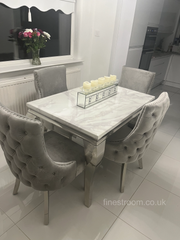 White Louis Dining Table With Silver Kensington Chairs