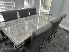 Grey Louis Dining Table With Dark Grey Leather Nicole Chairs