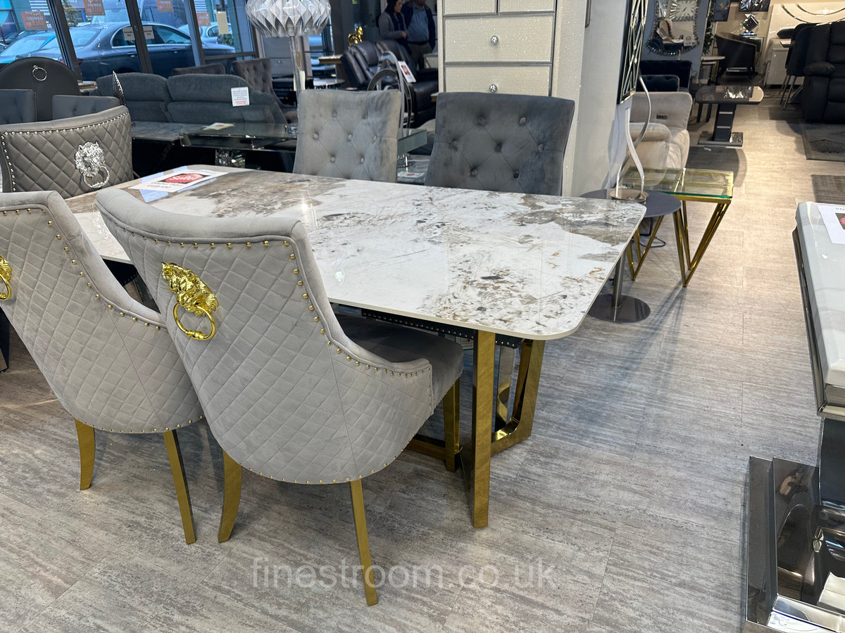 Pandora Lucein Dining Table With Light Grey Gold Majestic Chairs