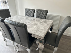 Grey Louis Dining Table With Dark Grey Leather Nicole Chairs