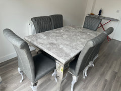 Grey Louis Dining Table With Dark Grey Leather Nicole Chairs