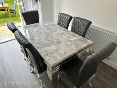 Grey Louis Dining Table With Dark Grey Leather Nicole Chairs