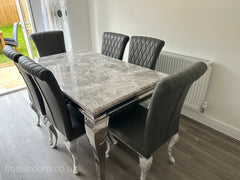 Grey Louis Dining Table With Dark Grey Leather Nicole Chairs