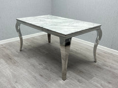 Grey Louis Dining Table With Dark Grey Leather Nicole Chairs